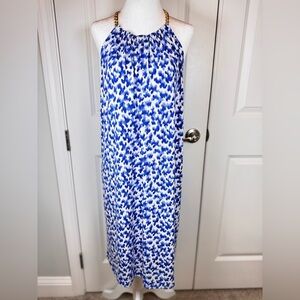 Michael Kors XL Blue White Abstract Halter Dress Gold Chain Resort Beach